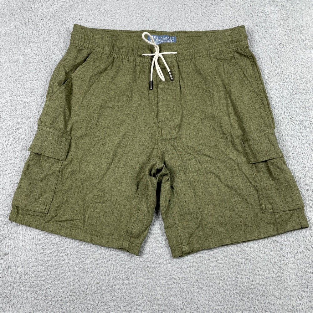 Free Planet Cargo Shorts Mens Medium Olive Green Linen Blend Drawstring Lounge